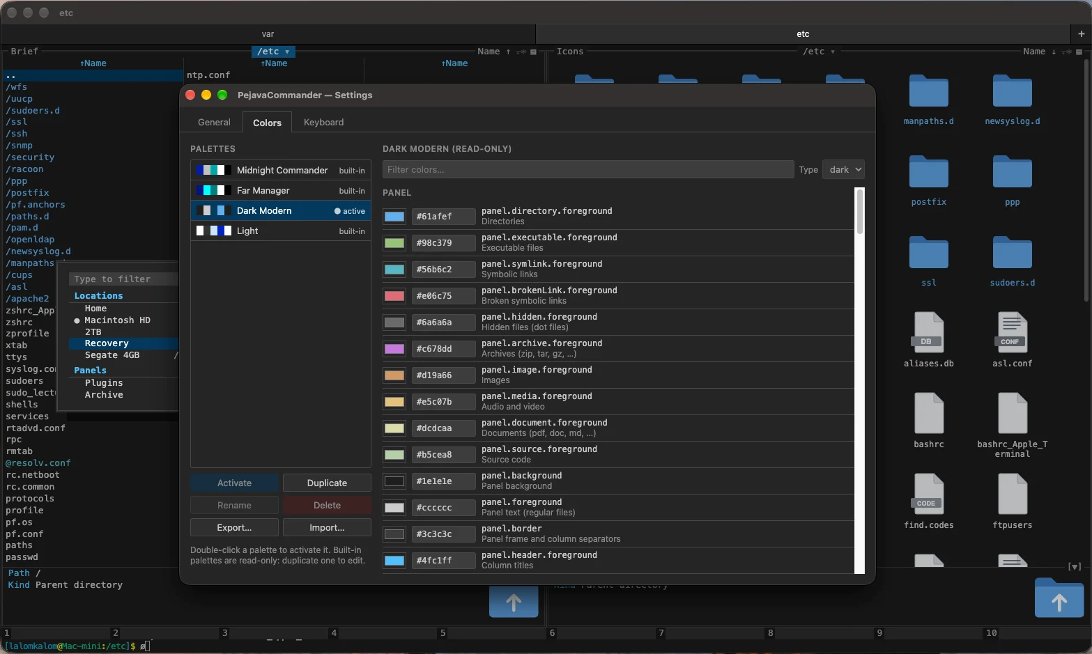 Settings: color palettes with a live preview